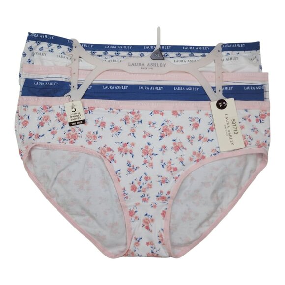 Laura Ashley Womens Tag-Free 5-Pack Cotton Spandex Panties XL Floral Solid Print - Picture 1 of 13
